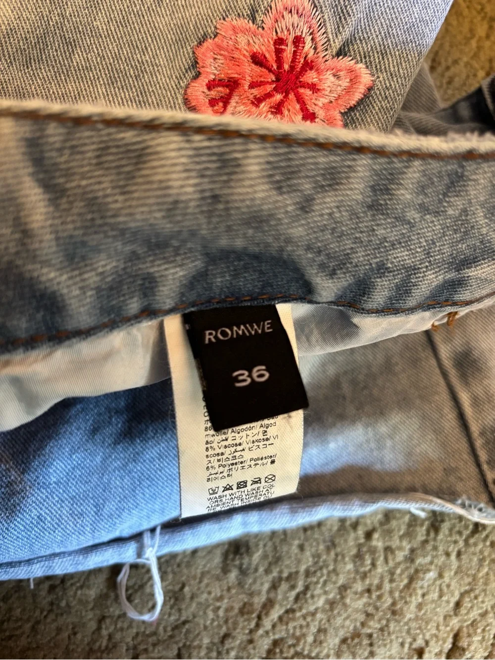 ROMWE Light Blue Denim Shorts with Pink Floral Embroidery